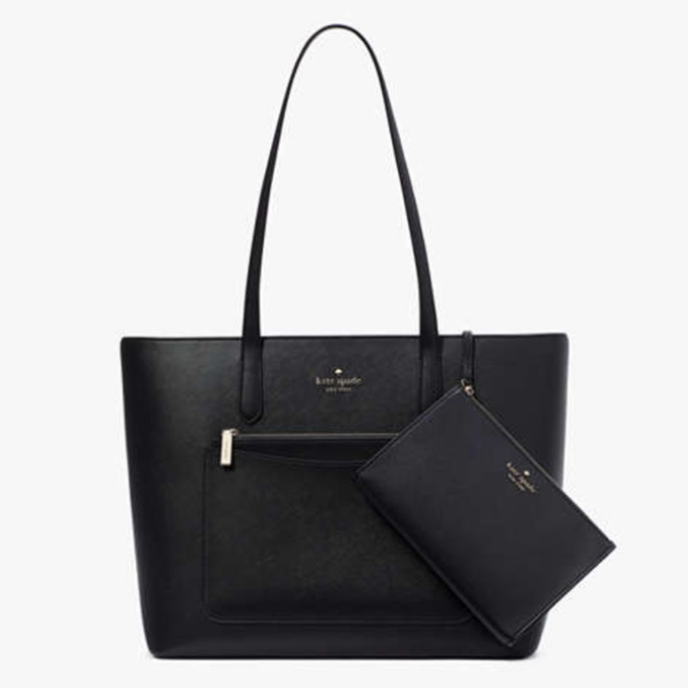 ♠️Kate Spade Staci Saffiano Tote , Wristlet and Zip Pouch 3 Piece Set, Black NWT